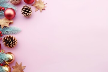 Poster - Christmas ornaments and pine cones forming a border on a pastel pink background with copy space