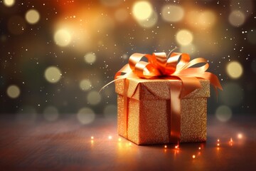 Poster - Golden gift box with a ribbon on a wooden table with sparkling lights and bokeh effect, creating a warm festive atmosphere