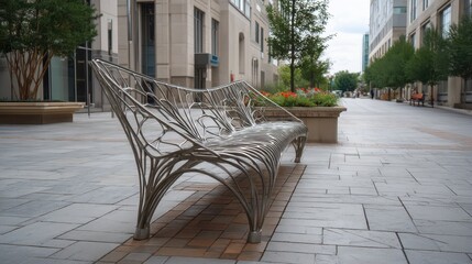 Poster - Modern Metal Bench in Urban Plaza Surrounded by Trees and Buildings