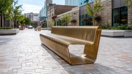 Poster - Modern Metal Bench in Urban Plaza Surrounded by Greenery and Buildings