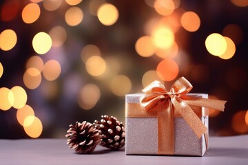 Poster - Silver gift box with golden ribbon and pine cones with christmas lights bokeh creating a magical atmosphere