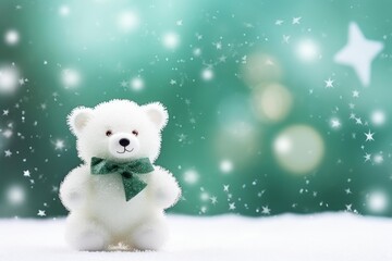Poster - Cute white teddy bear with green bow tie standing on snow with sparkling green background, perfect for christmas greetings