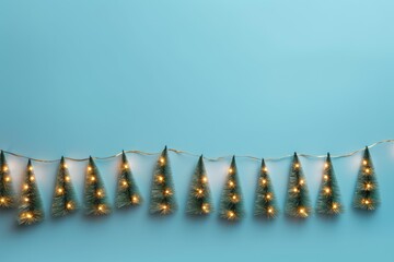 Poster - Christmas string lights with small illuminated green trees hanging on a light blue background creating a festive atmosphere