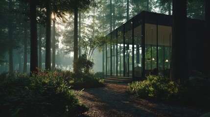 Poster - Serene Glass Home Nestled in Lush Forest Setting at Dawn