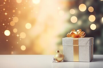Poster - Silver christmas gift box with golden ribbon and christmas ball ornament on white table with golden bokeh background