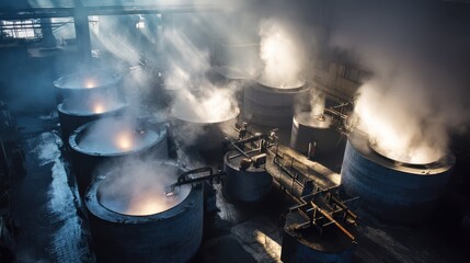 Poster - Steam Rising from Rubber Production Tanks in Factory Setting