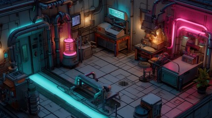 Poster - Sci-Fi Laboratory with Glowing Neon Pipes and Futuristic Equipment