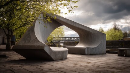 Poster - Modern Sculptural Concrete Bench in Urban Art Park Landscape