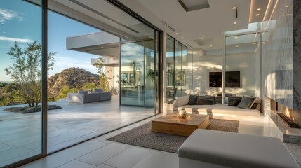 Poster - Sleek Modern House with Large Sliding Glass Doors and Scenic View