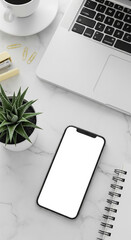 Poster - Flatlay showcasing phone mockup, laptop, succulent, stationery on marble surface, ideal for technology or business advertising, blank space for text