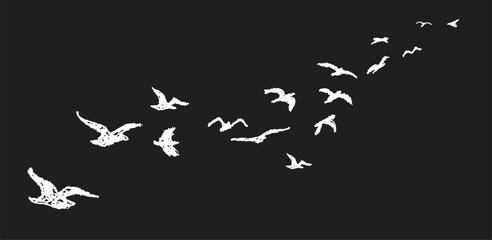 Poster - Silhouette of birds flying away. Shadow of flock of birds flying high in the sky drawn with wax pencil or pastel. Vector illustration of simple dove. Graphic element written with white charcoal pen.