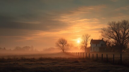 Poster - Serene Sunrise Behind Farmhouse in Tranquil Country Landscape