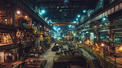 Poster - Vast Factory Interior with Extensive Machinery and Industrial Lights