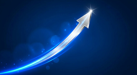 Poster - Silver arrow soaring upward on blue background, glowing trail effect. Represents growth, success, progress, and achievement. Free space for text
