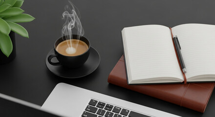 Poster - Dark-colored coffee cup with steam, notebook, pen, laptop, and succulent plant on dark surface, showcasing a productive workspace scene, ideal for blog or website banner