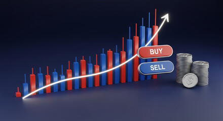 Poster - 3D rendering of a rising bar graph with red and blue bars, showcasing growth and financial success, featuring 