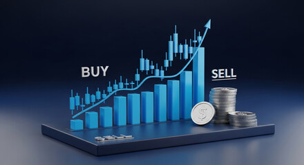 Poster - 3D rendering of a blue bar graph showcasing financial growth, accompanied by stacks of coins and 