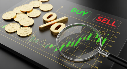 Poster - Gold Bitcoins, percentage sign, magnifying glass on a financial chart showing buy/sell signals.  Illustrates cryptocurrency investment analysis and growth