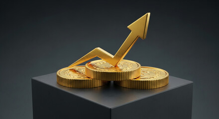 Poster - Gold coins stacked on dark gray cube, upward pointing arrow symbolizes growth and financial success, showcasing investment or wealth concept