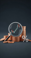 Poster - Magnifying glass reveals upward trending candlestick chart over stacks of copper coins and percentage symbol, symbolizing financial growth and investment opportunities
