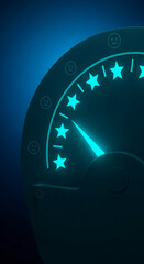 Poster - Dark blue speedometer with glowing teal stars and smileys, showcasing high rating and positive feedback, symbolizing excellent customer satisfaction and brand reputation