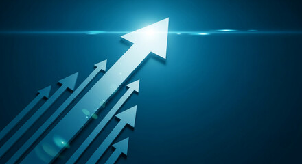 Poster - Multiple blue arrows ascending, a large arrow leading the way, symbolizing growth, success, and progress, ideal for business or technology concepts