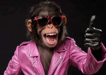 Wall Mural - funny chimpanzee wearing pink sunglasses and pink leather jacket smiles confidently against a black 