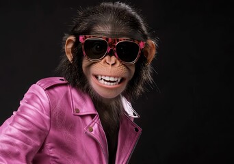 Wall Mural - funny chimpanzee wearing pink sunglasses and pink leather jacket smiles confidently against a black 