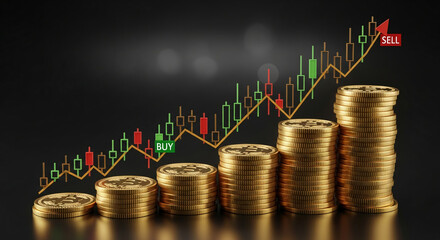 Poster - Ascending gold coin stacks with superimposed upward trending candlestick chart, symbolizing financial growth and investment success
