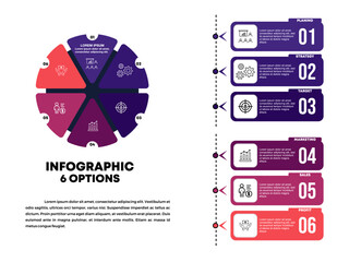 Poster - Infographic circular diagram with 6 options. Round chart that can be used for business step analytics, data visualization and presentation. Vector eps	

