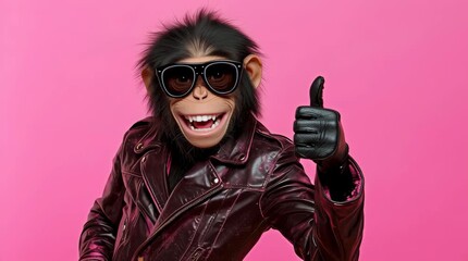 Wall Mural - funny chimpanzee wearing sunglasses and leather jacket shows thumbs up against a pink background, ex