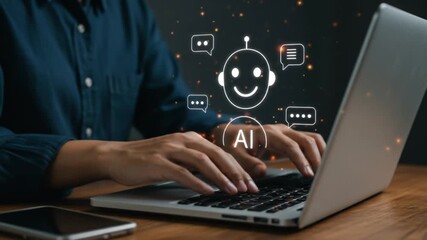 Person typing on laptop with ai chatbot interface and smartphone on wooden desk in dark blue shirt