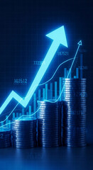 Poster - Stacks of coins ascending with a glowing blue arrow, illustrating financial growth and success, symbolizing investment, profit and economic prosperity