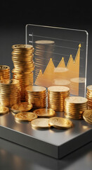 Poster - Stacks of gold coins on dark surface with upward trending graph in background, showcasing financial growth and success