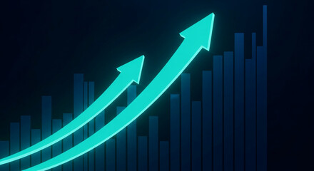 Poster - Two teal arrows ascend over a dark blue bar graph, symbolizing growth, progress, and success in business analytics