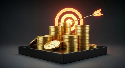 Poster - Gold coins stacked on black pedestal, arrow hitting target.  Illustrates financial success, achievement, and reaching goals
