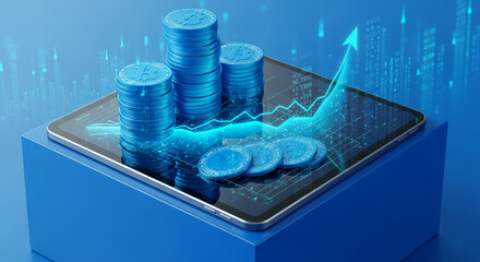 Poster - Stacks of blue Bitcoin coins on a tablet displaying an upward trending graph, symbolizing cryptocurrency growth and investment potential