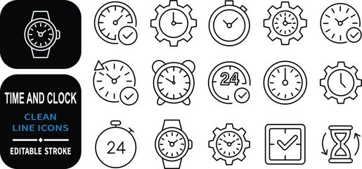 Poster - Collection of minimalist time and clock icons with editable stroke