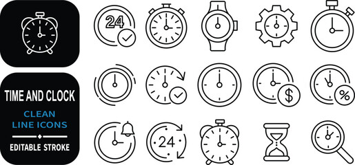Poster - Collection of various time and clock line icons with editable stroke.