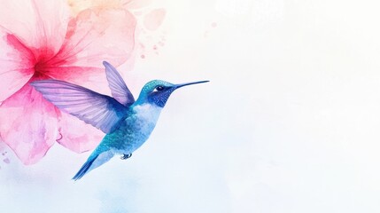 Poster - Vibrant Hummingbird in Flight Near Soft Pink Flower in Artistic Watercolor Style