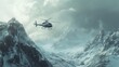 © yasna  - Helicopter Ascending Amidst Majestic Snowy Mountains Against Cloudy Skies