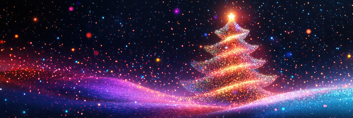 Wall Mural - futuristic neon christmas tree with holographic glow. vibrant holiday lights illuminate a snowy land