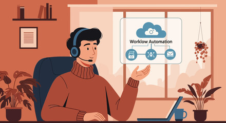 Poster - Man Presenting Workflow Automation System On Virtual Screen