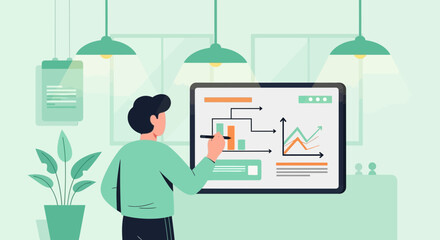 Poster - Man Explaining Growth Charts Data On Digital Screen In Corporate Office