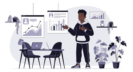 Poster - Young Professional Presenting Data And Growth In A Modern Office