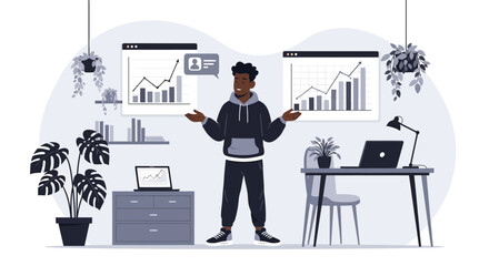 Poster - Confident Businessman Explaining Company Growth With Charts In Cozy Environment