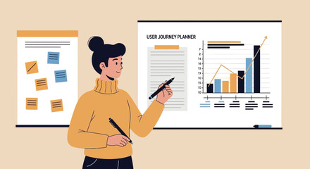 Poster - Woman Presenting User Journey Planner For Business Growth Strategy