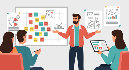 Poster - Agile Team Presenting Business Strategy With Sticky Notes And Digital Devices