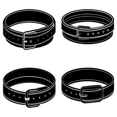 Poster - Illustration of four black leather belts with silver buckles and visible holes on a white background