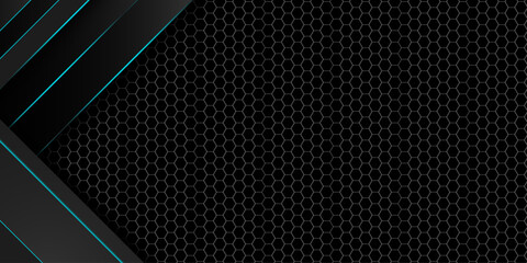 Poster - Hexagonal abstract metal background with blue light for wide banner.  Modern technology innovation concept background. design element cutout style concept for banner, flyer, card, or brochure cover. 